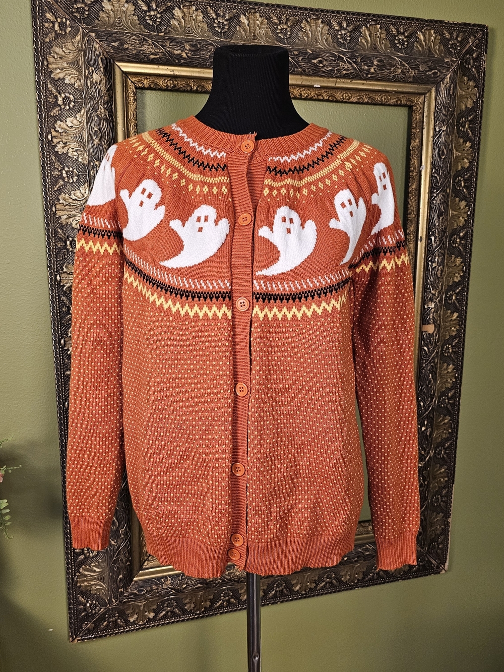 Halloween Ghost Fair Isle Orange Button Front Cardigan Sweater Unbranded
